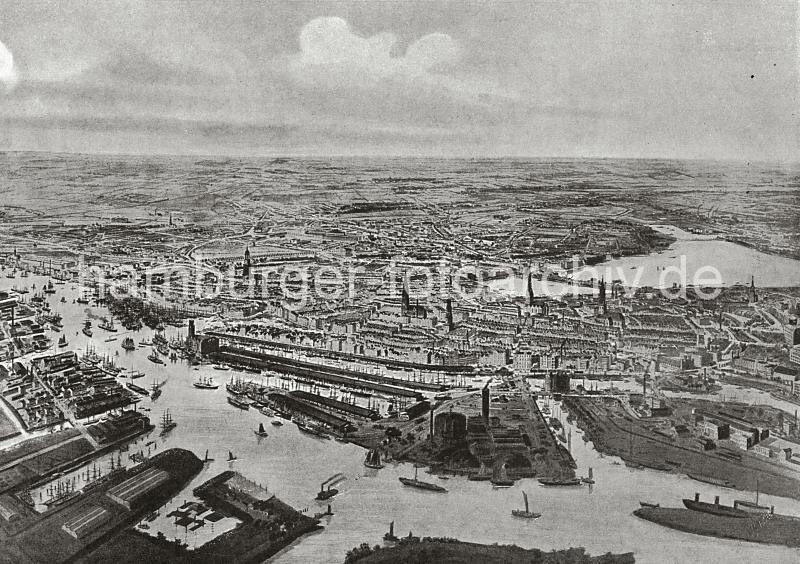 0136 Das alte Hamburg aus der Luft - Blick ber die Elbe auf das Hafenbecken vom Grasbrookhafen und Sandtorhafen. Im Vordergrund das Gaswerk auf dem Grossen Grasbrook - die Dampffhre fhrt von dort ber die Elbe nach Steinwerder. Der Magdeburger Hafen vorne rechts verbindet die Elbe mit dem Brooktorhafen, an dem der grosse Silospecher steht; rechts davon die Gebude des Hannoverschen Bahnhofs. Ab 1883 wurden die Wohnviertel auf den Elbinseln Kehrwieder und Wandrahm hinter dem Sandtorhafen abgerissen, um die Speicherstadt zu errichten. Etwa 20 000 Menschen wurden zwangsumgesiedelt und ca. 1100 Huser zerstrt.