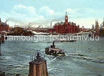 0171_236_1 Ein Ausflugsdampfer kommt von den Landungsbrcken und fhrt zu den Fleeten in der Speicherstadt, deren Lagerblcke lks. zu erkennen sind. Im Vordergrund eine Signallampe auf einer Holzdalbe; im Bildzentrum die Einfahrt zum Sandtorhafen, der Kaiserkai ist dicht mit Schiffen belegt. Links davon der 1875 gebaute Kaiserspeicher; er hat eine bebaute Flche von 3600m und eine Lagerflche von ca. 19 000 m. Die Sd-Seite des Kaispeichers liegt am tiefen Elbwasser, so dass Seeschiffe direkt entladen werden knnen. Auf dem Turm des Speichers ist eine Zeitballanlage errichtet, die von der Sternwarte am Millerntor um 12.00 weit sichtbar ausgelst wird.