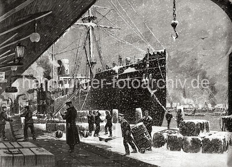 0242 Das Frachtschiff IMPERATOR ist am Kaiserkai vertut; Hafenarbeiter transportieren mit der Sackkarre grosse Ballen. Weitere Ballen sind im Schnee auf dem Kaiserkai gestapelt. Drei Hafenarbeiter stehen mit Hten und Ohrenschtzern im Schneefall, einer trinkt aus einer Flasche. Im Hintergrund hebt ein Dampfkran aus dessen Schornstein dichter Qualm steigt  einen Ballen an Land. Auf der gegenber liegenden Seite des Sandorhafens Masten von Schiffen am Sandtorkai und der Turm der St. Nikolaikirche. Der Sandtorhafen wurde1866 errichtet - als Neuerung werden die Seeschiffe direkt am Kai abgefertigt und die Ladung nicht mehr ber Schuten und Lastkhne im Elbstrom gelscht.