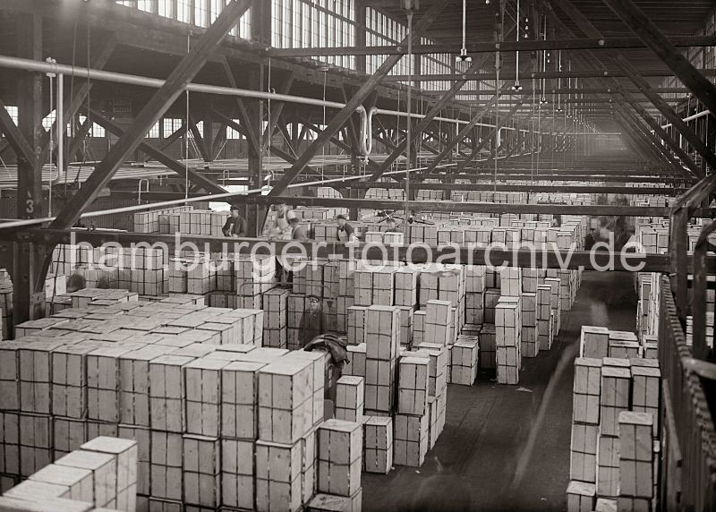 Historische Fotografien aus dem Bildarchiv der Hamburger Hafen und Logistik AG (HHLA.)Lagerung von Apfelsinenkisten im Hafen Fruchtschuppen - Hallenkonstruktion. Historische Bilder als Geschenk fuer Buero und Wohnung. 463_644 Die Apfelsinen werden in einem Fruchtschuppen gelagert - die Kisten mit den empfindlichen Sdfrchten werden von den Lagerarbeitern im Hamburger Hafen vorsichtig im klimatisierten Lagerhaus gestapelt. Fenster unter dem Dach des hohen Lagergebudes sorgen fr ausreichendes Licht.