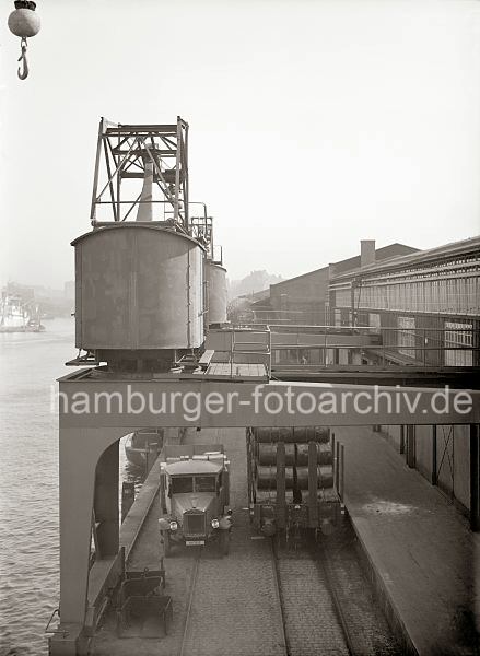 Alte Hamburgbilder aus dem Hafen - Fotoarchiv der HHLA - Hafenkrane am Kaiserkai, Sandtorhafen; ca. 1930; ca. 1930.  514_429 Blick ber die Halbportalkrane am Kaiserkai des Sandtorhafens. Die Rder der beweglichen Krananlage laufen auf Schienen an der Kaimauer und an der Fassade des Kaischuppens. Darunter knnen die Lastwagen und Gterzge an der Laderampe beladen werden.