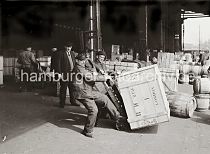 559_596a Drei Lagerarbeiter stemmen eine schwere Holzkiste auf eine Sackkarre. Im Hintergrund stehen weitere Kisten und Holzfsser im Kaischuppen und auf der Laderampe. Arbeiter arbeiten mit Handkarren im Lagerschuppen.