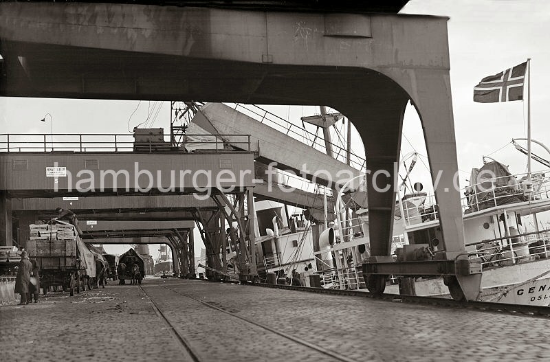 Alte Fotografien aus dem Archiv der Hamburger Hafen und Logistik AG. Kaianlage im Hafen der Hansestadt Hamburg - Pferdefuhrwerke mit Wagen, Halbportale der Hafenkrane. 595_B_326 Die hohen Portale der Hafenkrne berspannen die Kaianlage; Pferdefuhrwerke stehen an der Laderampe, die Anhnger sind mit Fruchtkisten beladen. Ein Transportarbeiter deckte die Ladung auf dem Pferdeanhnger mit einer Plane gegen die Klte ab. Die Flagge eines Frachters aus Norwegen / Oslo weht am Heck des Schiffs - ber ein Frderband, das mit Stoff gegen die Witterung geschtzt ist wird eine Ladung Bananen gelscht und in den Kaischuppen transportiert.