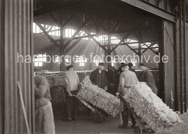 666_587 Kaiarbeiter transportieren dei Wollballen mit Sackkarren von der Laderampe in den Kaischuppen. Durch das Oberlicht des Lagerhauses fllt das Licht auf den mit Ballen gefllten grossen Raum. Fotodokumente zur Geschichte der Arbeit im Hamburger Hafen. Kaiarbeiter im Hafen Hamburg bei ihrer Arbeit - Transport mit Sackkarren; ca. 1934 - historische Fotos. 