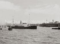 763_627 Der 1923 gebaute norwegische Fracht- und Passgierdampfer KONG DAG auf der Elbe vor dem Schwimmdock der DEUTSCHEN WERFT am Reiherstieg - ein Ausflugsdampfer mit Fahrgsten an Bord lsst das Schiff passieren.