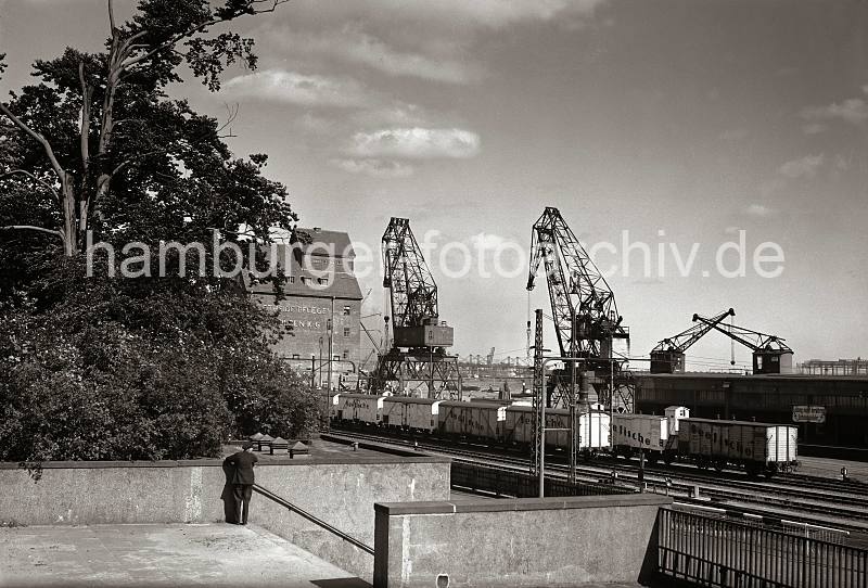 Alte Motive Altona - Gleisanlagen der Hafenbahn - Krne im Altonaer Hafen; ca. 1937. Altonaer Bilder auf FotoleinwandLeinwand. 811_B_222a Blick ber die Groe Elbstrae zu den Kaianlagen des Hafens von Altona. Auf den Gleisen stehen Gterzge, die in ihren Khlwagen den frisch gefangenen Fisch transportieren. Am Elbkai stehen Krne mit unterschiedlicher Tragfhigkeit - lks. der Speicher der Getreidefirma H. Paulsen KG.