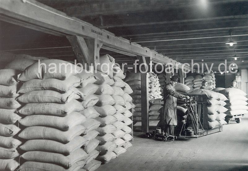 historische Fotos aus der Hamburger Speicherstadt - Kaffeelager und Waage auf dem Speicherboden  311_506a Scke mit Kaffeebohnen sind auf einem Speicherboden im Kaispeicher A / Kaiserspeicher gelagert. Lagerarbeiter wiegen Kaffeescke mit einer transportablen Waage - die nicht genutzten Gewichte stehen auf einem kleinen Wagen mit Rdern und knnen so auch mit zu dem nchsten Wiegevorgang gezogen werden.