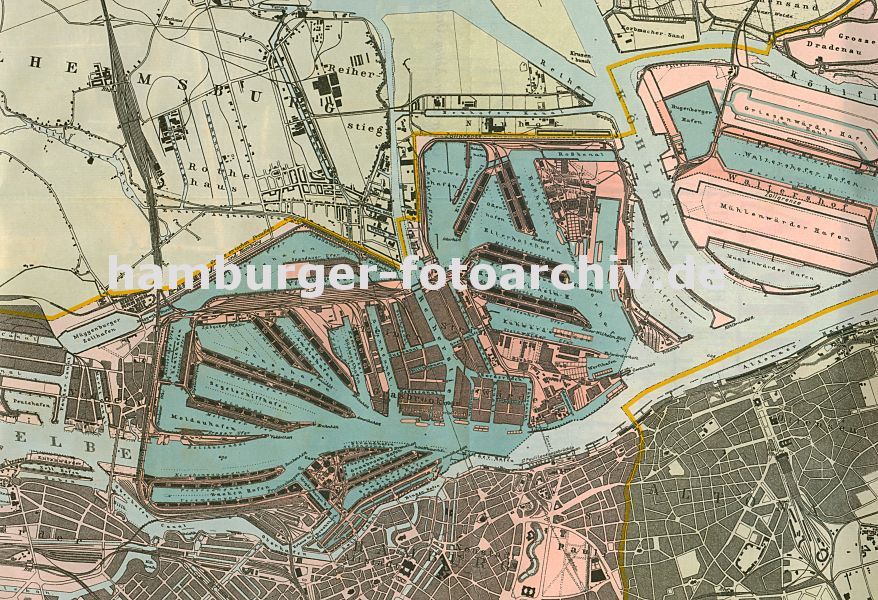 01147701 Fotos vom Hamburger Hafen -  Karte des Hamburger Hafens ca. 1925; in der Bildmitte verluft der Reihstieg von der Norderelbe zur Sderelbe, in der linken Bildmitte der Mggenburger Zollhafen mit den Auswandererhallen und ganz rechts der Waltershofer Hafen. Im Vordergund lks. der Baakenhafen, der Sandtorhafen und der Grasbrookhafen. Im Bildzentrum die einzelnen Hafenbecken wie z. B. Hansahafen, Segelschiffhafen oder Spreehafen.