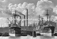 01147701 Hamburg Panorama - Blick ber den Binnenhafen zur Hamburger Innenstadt mit den Kirchtrmen der Hauptkirchen St. Petri, St. Nikolai, St. Jacobi und St. Katharinen - ganz rechts in der Bildmitte der Schornstein der Hamburger Gasanstalt auf dem Grasbrook. Auf der rechten Bildhlfte ist die historische Bebauung des zuknftigen Areals der Speicherstadt zu erkennen; im Vordergrund die Strassen am Kehrwieder; dahinter die Lagerschuppen am Sandtorhafen. 