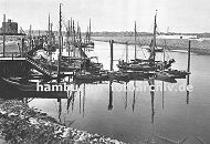 0954026 Hafenanlage von Hamburg Finkenwerder; Fischkutter liegen am Steg oder an Dalben; dazwischen kleinere Holzboote - links im Vordergrund ein offenes Festmacherboot. Vom Kai führt eine Wassertreppe zum Bootssteg hinunter.