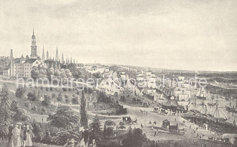 Hamburgensie von den Landungsbrcken und dem Hamburger Hafen, Niederhafen + Segelschiffe   0954065_24 Blick auf den Niederhafen von Hamburg ca. 1880 - die Landungsbrcken am Elbufer sind erweitert worden, ein Schaufelraddampfer hat am Landungssteg angelegt, Pferdekutschen fahren vor. Das alte Fhrhaus ist abgerissen und an der gegenberliegenden Seite neu errichtet worden. Der Hamburger Niederhafen ist dicht mit Frachtseglern belegt. Links das Gebude von Wiezels Hotel, dahinter die Kirchtrme der Hansestadt Hamburg. Sie mchten dieses Motiv kaufen? www.hamburg- bilder.biz