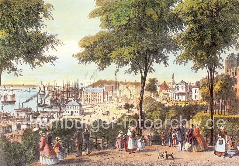 historische Ansicht vom Hafen und den Landungsbrcken - Blick vom Stintfang.   0954077_22 Blick vom Stintfang auf die St. Pauli Landungsbrcken; am Anleger steht das Fhrhaus - ein Raddampfer hat gerade abgelegt, Rauch steigt aus seinem Schornstein - Pferdekutschen fahren am Ufer. Im Hintergrund die Frachtsegler im Altonaer Hafen und Industriearchitektur. l Sie mchten dieses Motiv z.B. auf Fotoleinwand erwerben? www.hamburg- bilder.biz