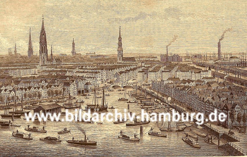 01147701 Foto Hamburg Panorama - Blick ber den Binnenhafen zur Hamburger Innenstadt mit den Kirchtrmen der Hauptkirchen St. Petri, St. Nikolai, St. Jacobi und St. Katharinen - ganz rechts in der Bildmitte der Schornstein der Hamburger Gasanstalt auf dem Grasbrook. Auf der rechten Bildhlfte ist die historische Bebauung des zuknftigen Areals der Speicherstadt zu erkennen; im Vordergrund die Strassen am Kehrwieder; dahinter die Lagerschuppen am Sandtorhafen. 