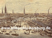 01147701 Hamburg Panorama - Blick ber den Binnenhafen zur Hamburger Innenstadt mit den Kirchtrmen der Hauptkirchen St. Petri, St. Nikolai, St. Jacobi und St. Katharinen - ganz rechts in der Bildmitte der Schornstein der Hamburger Gasanstalt auf dem Grasbrook. Auf der rechten Bildhlfte ist die historische Bebauung des zuknftigen Areals der Speicherstadt zu erkennen; im Vordergrund die Strassen am Kehrwieder; dahinter die Lagerschuppen am Sandtorhafen. 