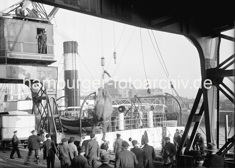 Hamburger-Hafenarchiv mit Fotos der HHLA / Fotoarchiv Christoph Bellin. Elefant eines Zirkus wird aus dem Laderaum eines Frachter gehievt; Magdeburger Hafen ca. 1935.  02255_579a Der Zirkuselefant hngt am Kranhaken und wird vom Frachtschiff, dass das Tier nach Hamburg gebracht hat an Land transportiert. Eine Menge Schaulustige haben sich auf dem Kai des Magdeburger Hafens versammelt, um dem auergewhnlichen Ereignis zuzusehen.