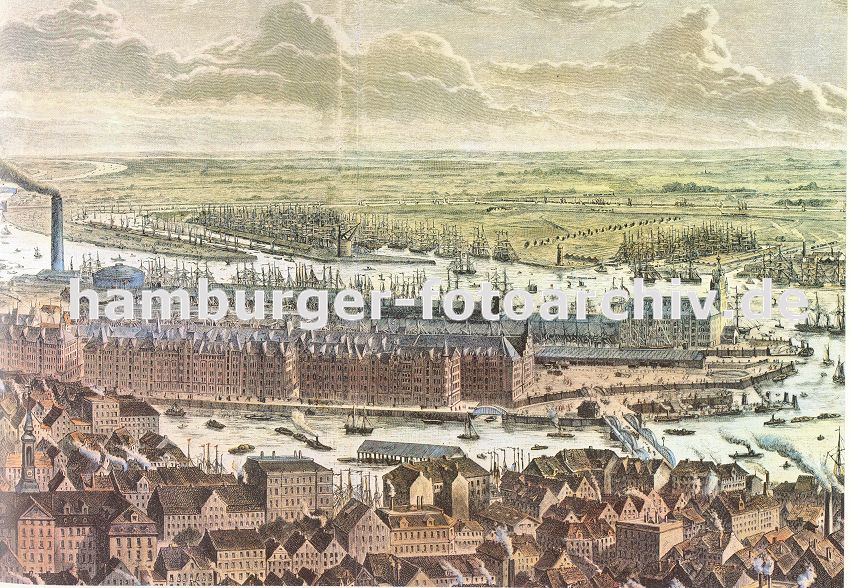 01147717 Hamburg / Hamburgensien - Darstellung der Hamburger Speicherstadt aus der Luft - hinter den Dchern der Hamburger Huser liegt der Binnenhafen und Zollkanal, rechts die Niederbaumbrcke. Dahinter die Lagergebude des Hamburger Freihafens, ganz lks. der Schornstein der Gasanstalt. In der rechten Bildmitte der Kaispeicher A / Kaiserspeicher, davor die Einfahrt zum Sandtorhafen und Lagerschuppen, die am Sandtorkai stehen.