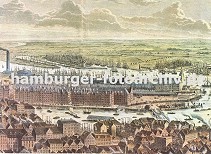 01147717 Darstellung der Hamburger Speicherstadt aus der Luft - hinter den Dchern der Hamburger Huser liegt der Binnenhafen und Zollkanal, rechts die Niederbaumbrcke. Dahinter die Lagergebude des Hamburger Freihafens, ganz lks. der Schornstein der Gasanstalt. In der rechten Bildmitte der Kaispeicher A / Kaiserspeicher, davor die Einfahrt zum Sandtorhafen und Lagerschuppen, die am Sandtorkai stehen.